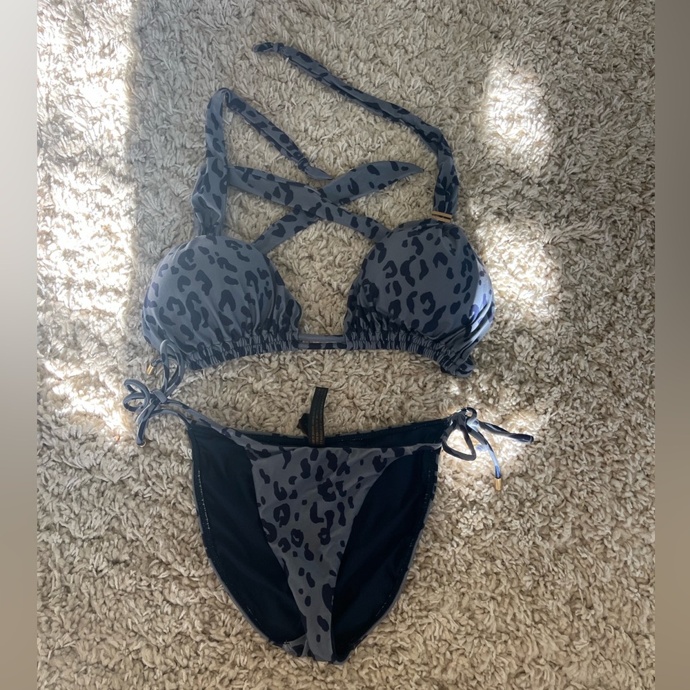 Blue Leopard Print Bikini (small bottom, DD top)